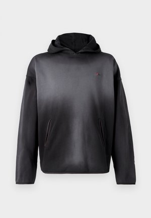 Felpa nera con cappuccio e design grigio sfumato, dotata di due tasche laterali e un piccolo logo sul petto. Tessuto morbido.