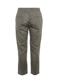 Khaki spodnie o luźnym kroju, z elastycznym paskiem w talii, dwiema tylkimi kieszeniami oraz gładką teksturą materiału. Zaprojektowane z myślą o komforcie i wszechstronności.