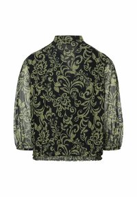 Schwarze transparente Bluse mit einem filigranen grünen Blumenmuster, langen puffärmeligen Ärmeln und einem gerafften Saum.