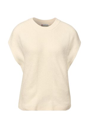 Pleťově krémový pletený svetr se širokým výstřihem, krátkými rukávy a strukturovaným vzorem na těle. Lehký a neformální design.