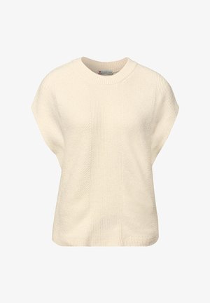 Krämfärgad stickad tröja med vid halsringning, korta ärmar och ett texturerat mönster på kroppen. Lätt och avslappnad design.