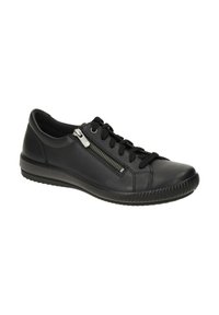 Baskets en cuir noir avec une finition lisse, dotées d'une fermeture éclair sur le côté, d'un bout rond et d'une semelle en caoutchouc texturée. Les lacets sont noirs.