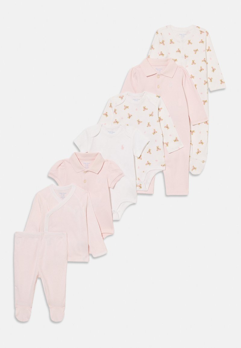 Bērnu apģērbu komplekts, kurā ir rozā un baltas krāsas, tostarp ziedu raksta bodijs, polo krekls un pārklājošais tops ar atbilstošām biksēm. Mīksta kokvilnas auduma.