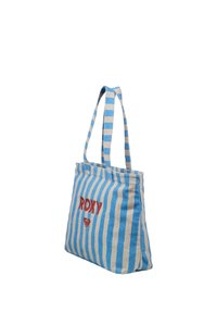 Sac fourre-tout en tissu à rayures bleues et beiges avec double poignée, texte rouge "ROXY" et logo en forme de cœur sur le devant.