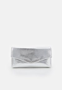 Silver metallic clutch bag with an envelope design, featuring a chevron detail in the center. Smooth texture with a shiny finish.