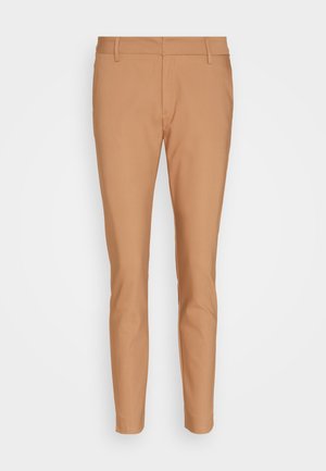 Slim-fit trousers in a light tan color, made of smooth fabric. Features a flat front, belt loops, and no visible patterns or accents.