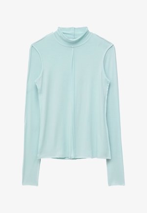 Haut à col roulé bleu clair à manches longues avec une couture verticale au centre devant.
