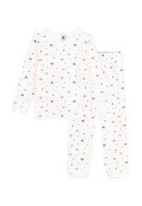 Set di pigiama bianco composto da una maglietta a maniche lunghe e pantaloni. Entrambi i pezzi presentano una stampa di cuori multicolore, realizzati in morbido cotone.