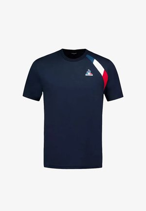 Navy blue short-sleeve t-shirt with a crew neck, featuring red, white, and blue shoulder accents and a logo on the chest.