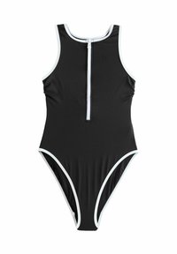 Sort badedragt med lynlås foran, med hvide detaljer langs halsudskæringen og benåbningerne, lavet af glat, elastisk materiale.