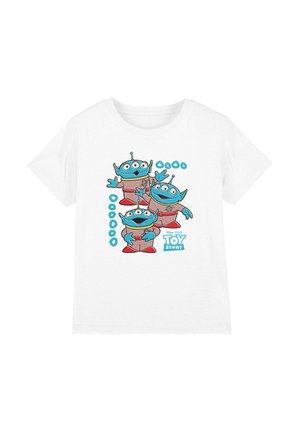 Weißes T-Shirt mit drei blauen Toy-Story-Aliens in roten Anzügen mit blauen Kreisen und dem Toy-Story-Logo darunter.