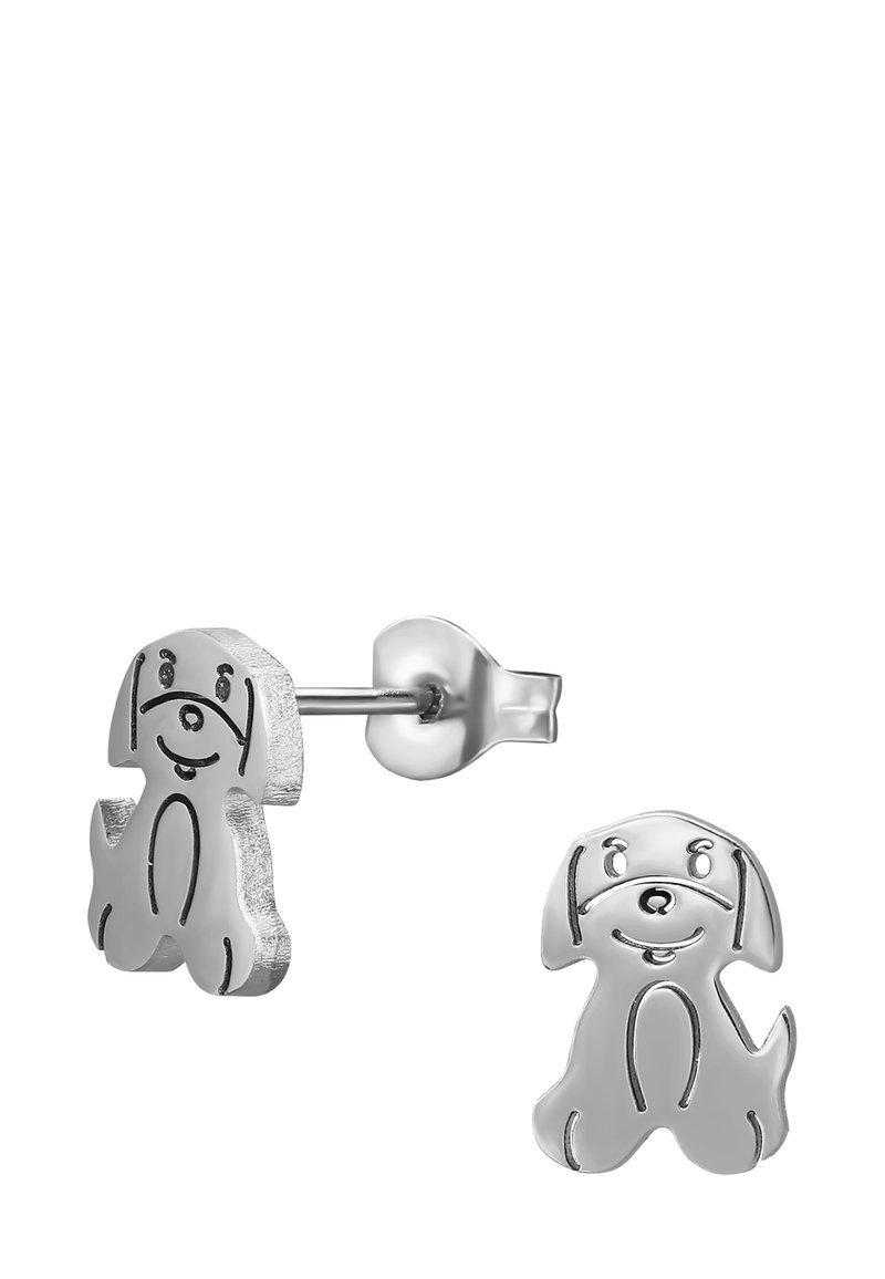 Boucles d'oreilles en forme de chien en argent, avec des détails faciaux gravés et une texture lisse. Chacune mesure environ 1 cm de hauteur.