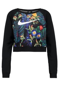 Klippt svart sweatshirt med livfullt blommönster på framsidan, Nike-logotyp i vitt, ribbade muddar och rund halsringning.