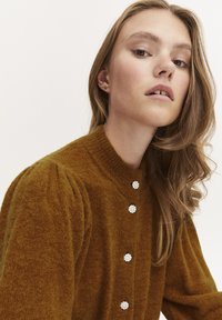 Cardigan a maglia marrone con colletto alto, caratterizzato da cinque bottoni decorativi a forma di fiore incastonati con strass. Morbido al tatto e con maniche a sbuffo.