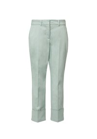 Spodnie z wysokim stanem w jasnym miętowym kolorze, o dopasowanym kroju, z bocznymi kieszeniami i podwiniętymi mankietami u dołu.