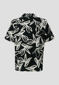 Korte mouw shirt in zwarte stof met wit abstract bladerenpatroon, voorzien van een kraag en een ontspannen pasvorm.