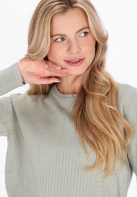 Pull vert clair en maille avec texture côtelée et détails de motifs en relief. Manches longues, encolure arrondie, tissu doux et lisse.