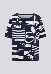 Navy blue short-sleeve t-shirt featuring white abstract flower and stripe patterns. Made of textured fabric with a round neckline and relaxed fit.
