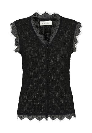 Blouse noire sans manches en dentelle avec motif floral, bords festonnés, boutons sur le devant et col en V étiqueté "CREAM."