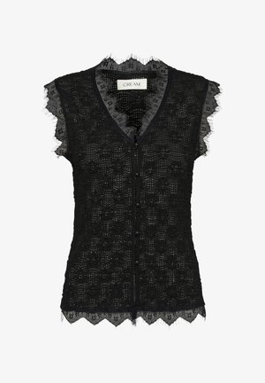 Melna bezroku mežģīņu blūze ar ziedu rakstu, viļņainām malām, priekšpusē pogas un V veida apkakli ar uzrakstu "CREAM".