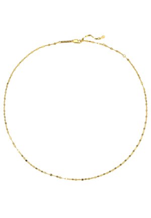 Feine goldene Halskette mit kleinen flachen ovalen Gliedern und Karabinerverschluss, vollständig ausgestreckt vor weißem Hintergrund gezeigt.
