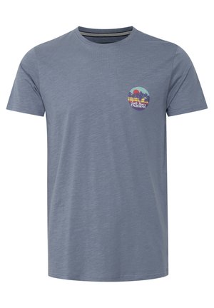 Blue cotton t-shirt with a crew neckline, featuring a small circular graphic of palm trees and a sunset, with text "Santa Monica CALIFORNIA."