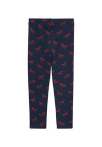 Leggings marines avec un motif de cheval rouge répété. Fabriqués en tissu doux et extensible avec une taille élastique, conçus pour le confort.