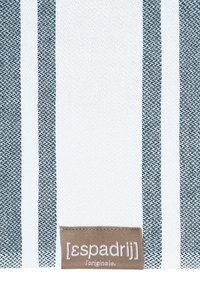 White fabric with green vertical stripes and a woven texture. Features a brown tag with “[espadrij]” and “originale” in white text.