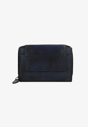 Dark blue leather wallet with a zip closure, front flap pocket, and stitched detailing. Features a logo embossed on the front.