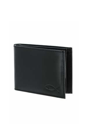 Portefeuille noir en cuir bifold avec un symbole de poisson en relief à l'avant, présenté légèrement ouvert sur fond blanc.