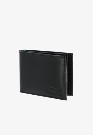 Portefeuille noir en cuir bifold avec un symbole de poisson en relief à l'avant, présenté légèrement ouvert sur fond blanc.