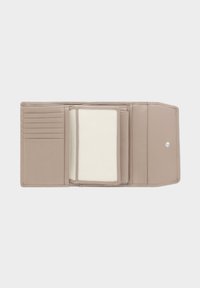 Beige leather wallet with multiple card slots, a central compartment, and a snap closure. Smooth texture with subtle stitching details.