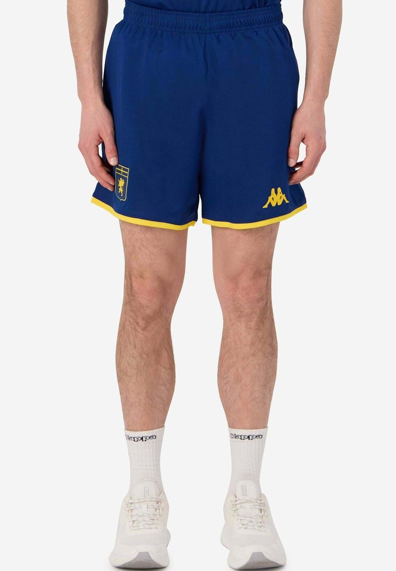 Pantaloni sportivi blu con bordini gialli e logo Kappa. Realizzati in tessuto leggero, con vita elastica e taglio corto.