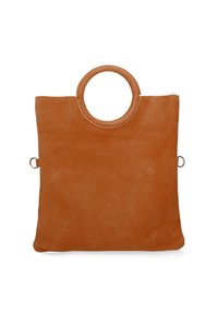 Borsa a spalla in suede marrone con un manico circolare superiore. Presenta un design minimalista, una texture liscia e hardware di attacco laterale.