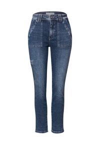 Dunkelblaue Jeans aus Denim mit hoher Taille, zwei großen Vordertaschen und schlankem Schnitt. Mit Kontrastnähten an den Taschen.