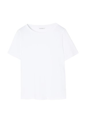 Balta marškinėliai su trumpomis rankovėmis, apvaliu iškirpimu ir laisvu siluetu. Lygi medžiaga be matomų raštų ar akcentų.