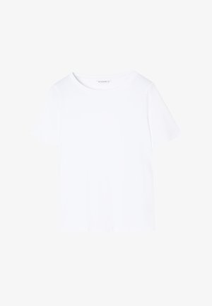 Balta marškinėliai su trumpomis rankovėmis, apvaliu iškirpimu ir laisvu siluetu. Lygi medžiaga be matomų raštų ar akcentų.