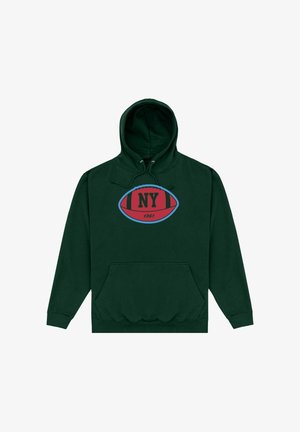 Donkergroene hoodie met een rood-blauwe voetbalafbeelding inclusief "NY" en "1961" op de borst, een voorzak en een capuchon met trekkoord.