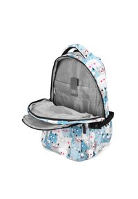 Blauw en grijs stoffen rugzak met kattenpatroon, voorzien van een ruime grijze binnenkant, meerdere vakken en verstelbare banden.