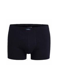 Marineblauwe katoenen trunk shorts met een tailleband en een opening aan de voorkant. Gladde textuur, aansluitende pasvorm en label op de tailleband.