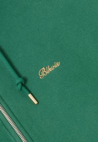 Felpa verde con zip, caratterizzata da un cordoncino intrecciato con punta dorata e testo ricamato in oro che recita "Blkvns." Texture liscia.