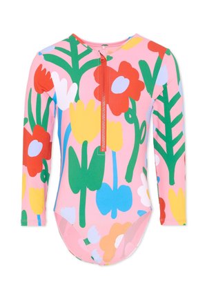Costume da bagno per bambini a maniche lunghe con zip frontale, caratterizzato da un motivo floreale colorato su sfondo rosa.