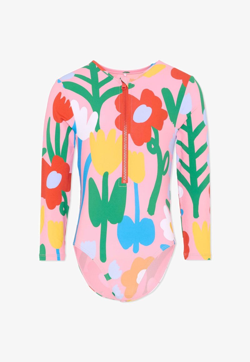 Maillot de bain enfant à manches longues avec fermeture éclair à l'avant, présentant un motif floral coloré sur fond rose.