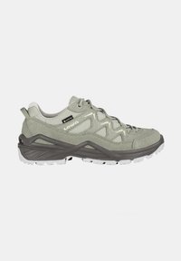 Hellgrüner Wanderschuh mit einem strukturierten Obermaterial, verstärkter Zehenkappe und einer grauen Gummisohle. Besitzt ein Gore-Tex-Label für Wasserdichtigkeit.