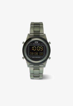 Skaitmeninis chronograph laikrodis juodu ciferblatu, pilkos metalinės apyrankės, apvalaus korpuso ir skaitmeninio ekrano, rodančio laiką ir datą. Yra du šoniniai mygtukai.