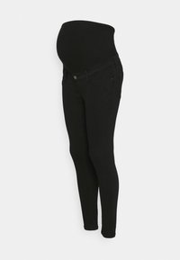 Černé těhotenské skinny džíny s podpůrným pasem nad břichem, s hladkým povrchem a tradičním pěti kapsovým designem.