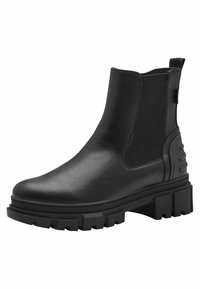 Botte Chelsea en cuir noir avec un panneau latéral en maille texturée, une semelle en caoutchouc épaisse et une languette. Design épuré avec une finition lisse.