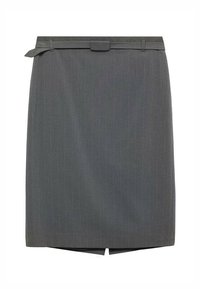 Grauer Nadelstreifenrock mit tailliertem Schnitt, der einen Gürtel in der Taille und einen Schlitz vorne für mehr Bewegungsfreiheit bietet. Glatte Textur.
