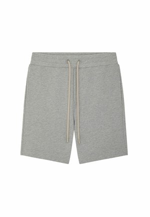 Shorts en coton gris avec une taille élastique, cordon de serrage beige ajustable, poches latérales et une texture lisse.