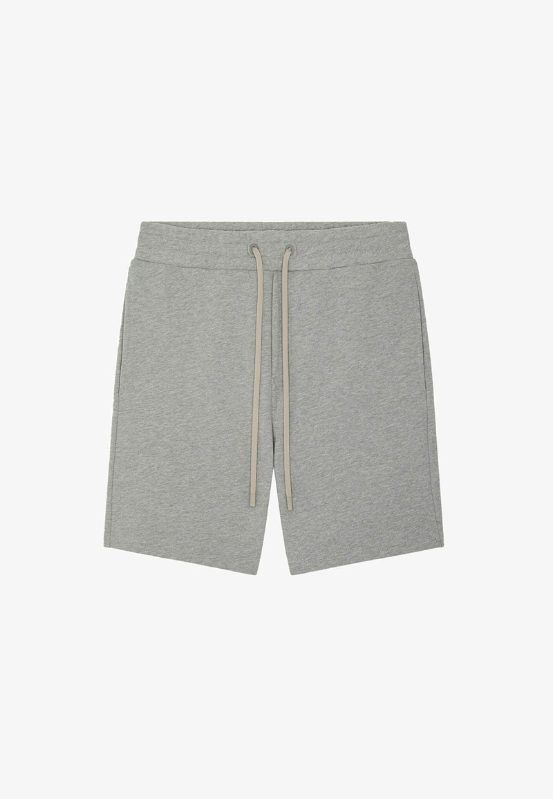 Shorts en coton gris avec une taille élastique, cordon de serrage beige ajustable, poches latérales et une texture lisse.